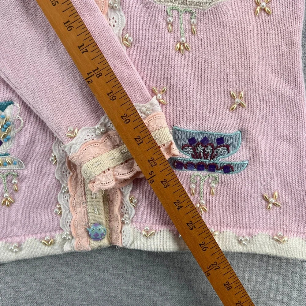 VTG Y2K Storybook Knits Tea Cardigan Sweater Women S Pink Embroidered Cottage - Picture 11 of 13
